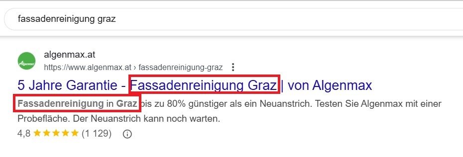 SEO für kleine Unternehmen: Google Serps Ergebnis mit Optimierte Meta Tags für Fassadenreinigung Graz